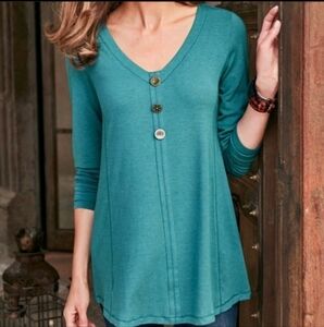 Soft Surroundings Maddalena Teal Tunic Button Top Women's Medium Petite